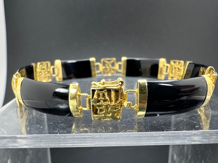 14k Gold Asian Style Bracelet With Onyx 7.5'L 9.2g Retails $600 [Photo 2]