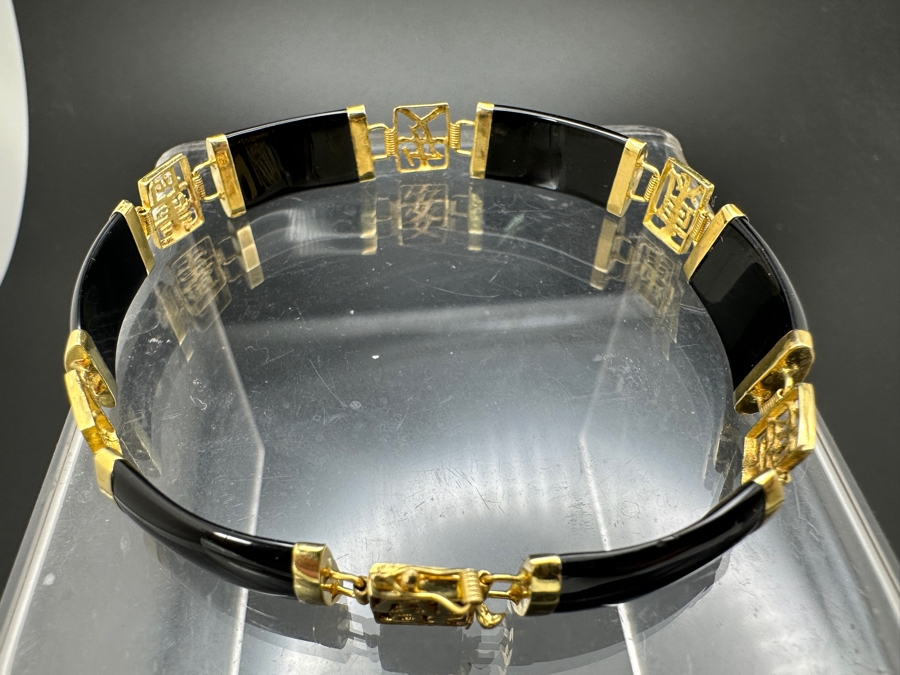 14k Gold Asian Style Bracelet With Onyx 7.5'L 9.2g Retails $600 [Photo 3]