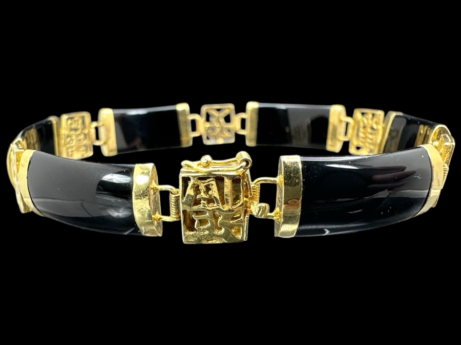 14k Gold Asian Style Bracelet With Onyx 7.5'L 9.2g Retails $600