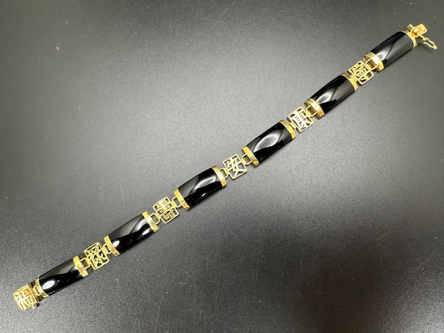 14k Gold Asian Style Bracelet With Onyx 7.5'L 9.2g Retails $600 [Photo 4]