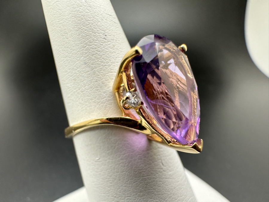 14k Gold Pear Shape Amethyst Ring 14.5 X 10mm Set With (2) 1.5mm Round Diamonds Size 6.75 3.7g Retails $1,400 [Photo 4]
