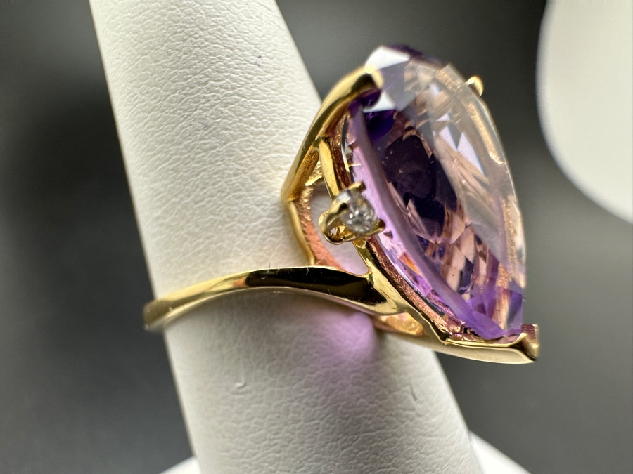 14k Gold Pear Shape Amethyst Ring 14.5 X 10mm Set With (2) 1.5mm Round Diamonds Size 6.75 3.7g Retails $1,400 [Photo 5]