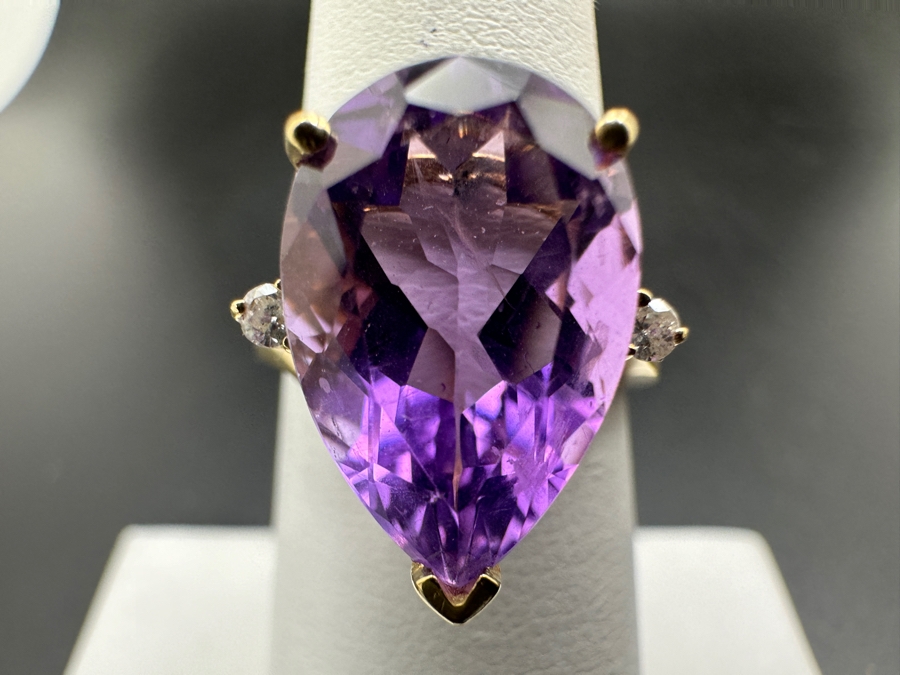 14k Gold Pear Shape Amethyst Ring 14.5 X 10mm Set With (2) 1.5mm Round Diamonds Size 6.75 3.7g Retails $1,400 [Photo 2]