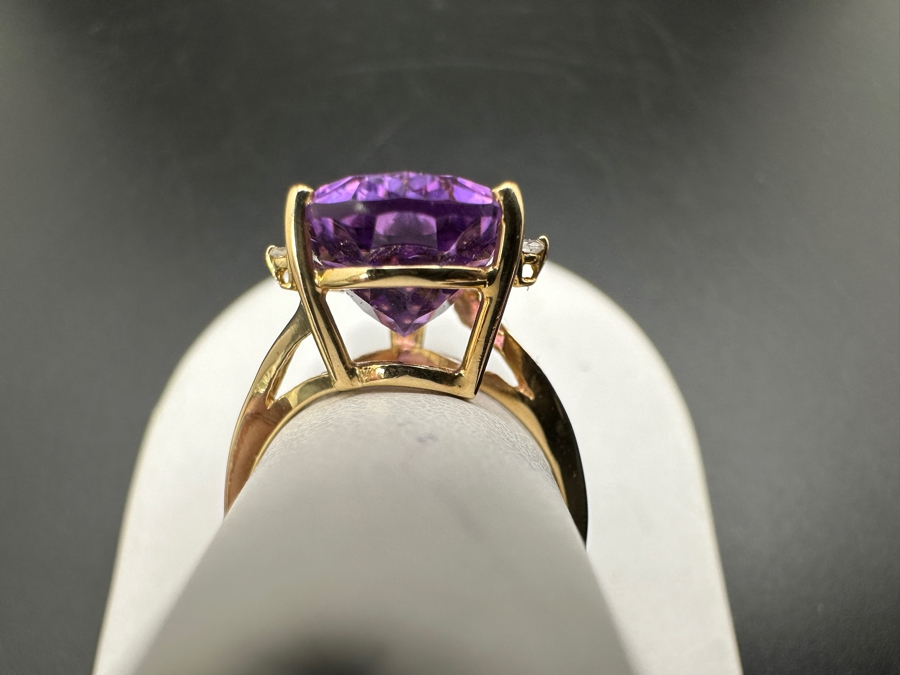 14k Gold Pear Shape Amethyst Ring 14.5 X 10mm Set With (2) 1.5mm Round Diamonds Size 6.75 3.7g Retails $1,400 [Photo 7]