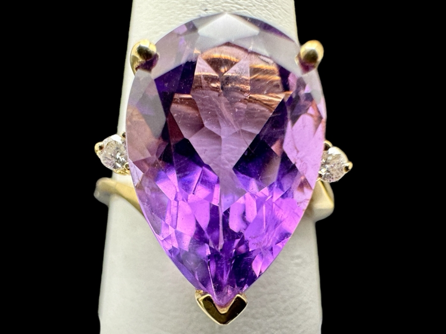 14k Gold Pear Shape Amethyst Ring 14.5 X 10mm Set With (2) 1.5mm Round Diamonds Size 6.75 3.7g Retails $1,400