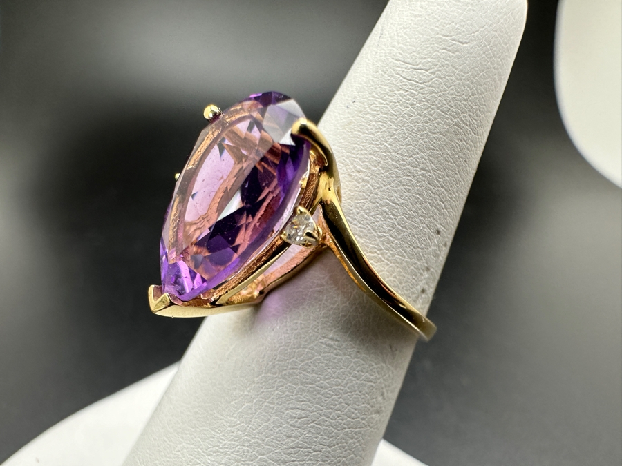 14k Gold Pear Shape Amethyst Ring 14.5 X 10mm Set With (2) 1.5mm Round Diamonds Size 6.75 3.7g Retails $1,400 [Photo 6]