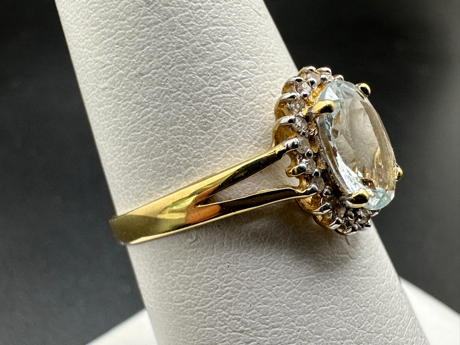 14k Gold 8 X 6mm Aquamarine Ring Set With (20) 1mm Diamonds (Est. .10cttw) Size 7.5 1.8g Retails $800 [Photo 4]