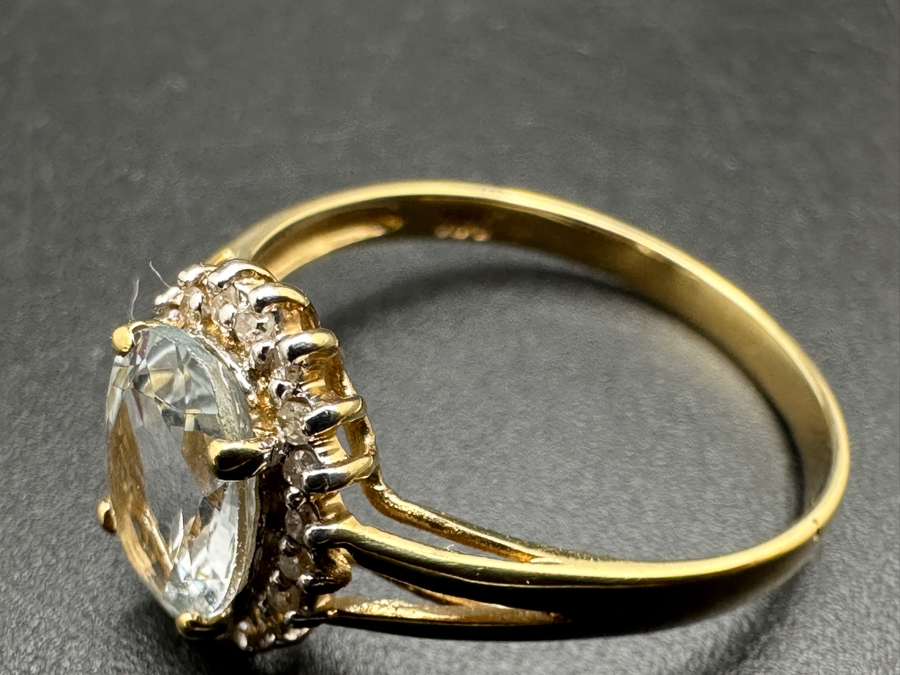 14k Gold 8 X 6mm Aquamarine Ring Set With (20) 1mm Diamonds (Est. .10cttw) Size 7.5 1.8g Retails $800 [Photo 10]