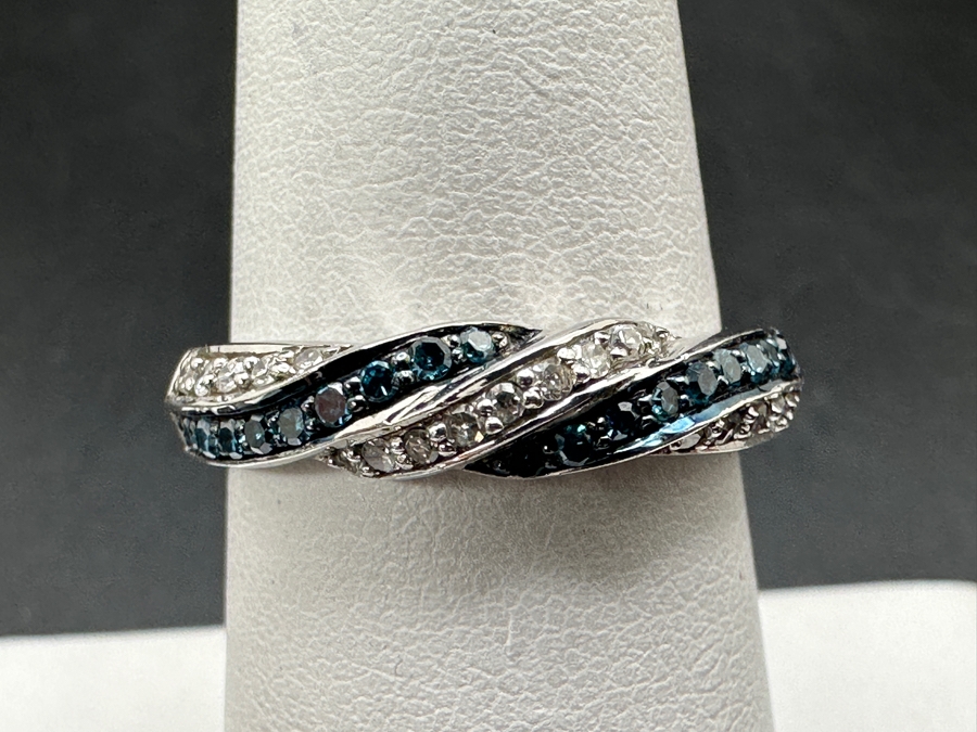 Sterling Silver Ring Set With Irradiated Blue Diamonds And White Single Cut Diamonds (Est. .35cttw) Size 7 2.8g Retails $700 [Photo 2]