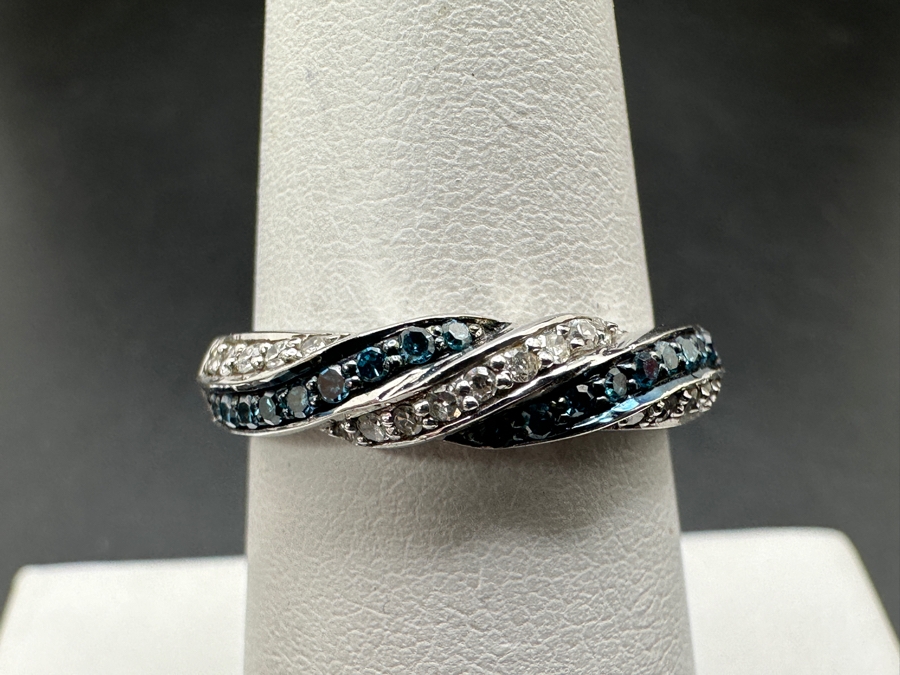 Sterling Silver Ring Set With Irradiated Blue Diamonds And White Single Cut Diamonds (Est. .35cttw) Size 7 2.8g Retails $700 [Photo 3]