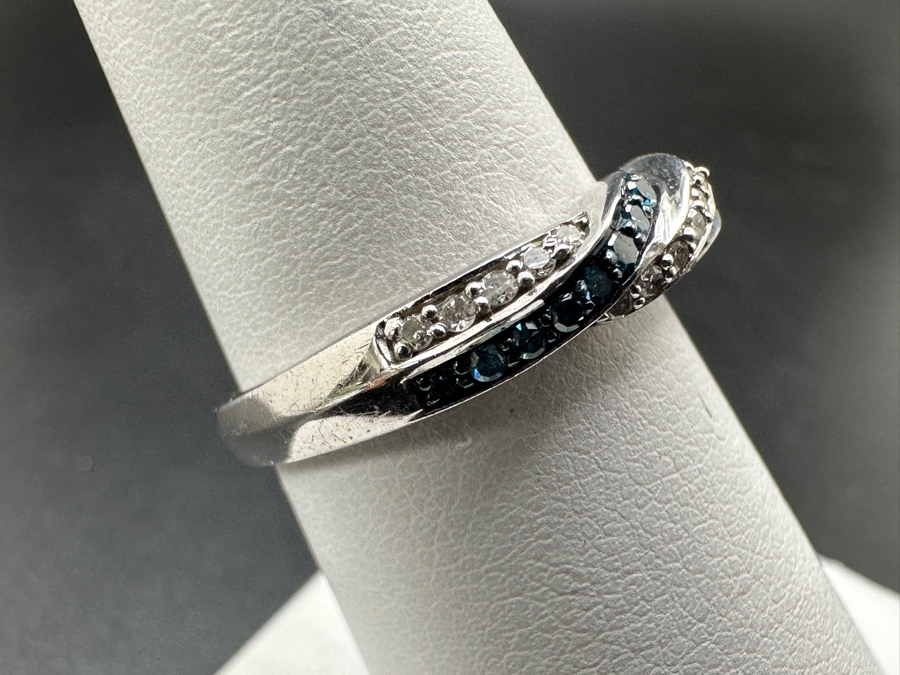Sterling Silver Ring Set With Irradiated Blue Diamonds And White Single Cut Diamonds (Est. .35cttw) Size 7 2.8g Retails $700 [Photo 4]