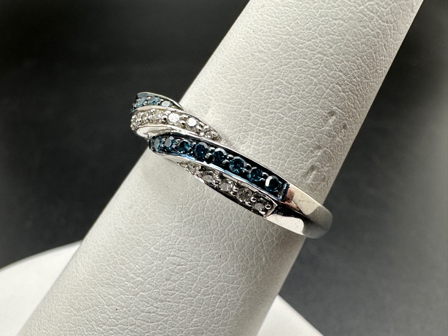 Sterling Silver Ring Set With Irradiated Blue Diamonds And White Single Cut Diamonds (Est. .35cttw) Size 7 2.8g Retails $700 [Photo 6]