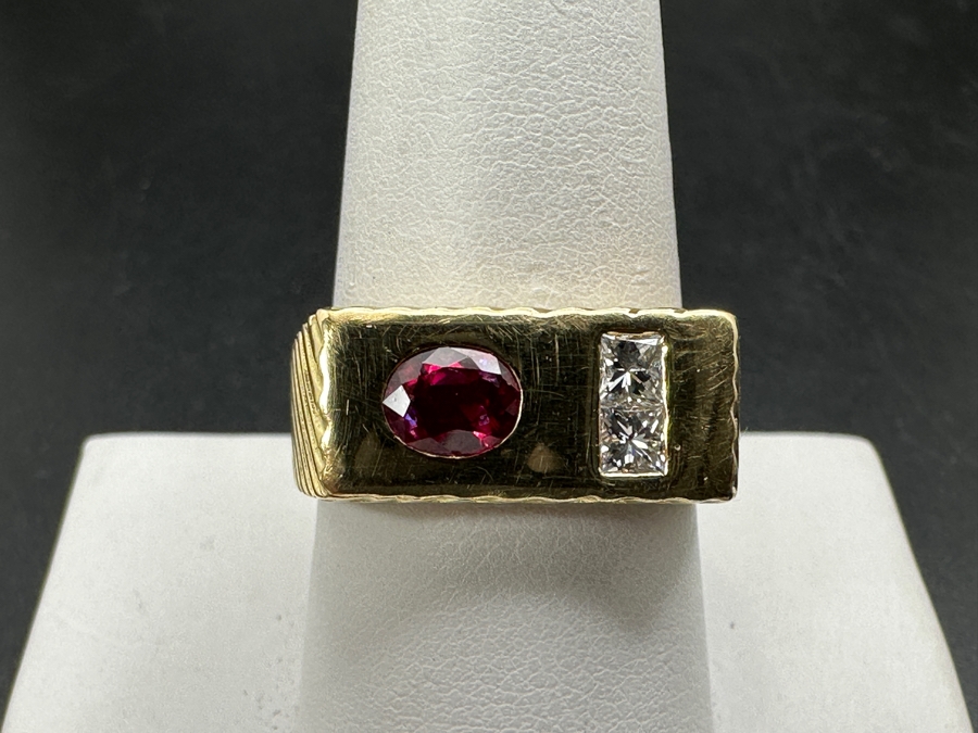 14k Gold Gentlemen's Ring With Est. 6 X 5 Natural Ruby And (2) 3 X 3 Princess Cut Natural Diamonds Est. .20cttw Size 10 11.4g Retails $4,400 [Photo 7]