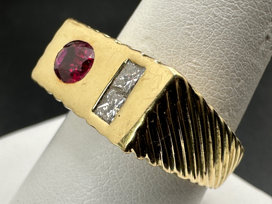 14k Gold Gentlemen's Ring With Est. 6 X 5 Natural Ruby And (2) 3 X 3 Princess Cut Natural Diamonds Est. .20cttw Size 10 11.4g Retails $4,400 [Photo 6]