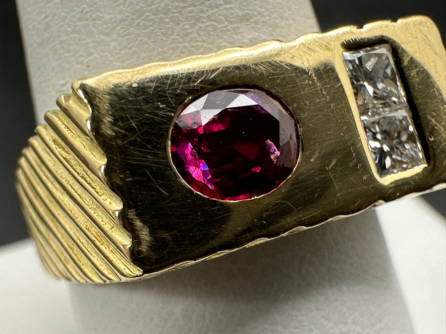 14k Gold Gentlemen's Ring With Est. 6 X 5 Natural Ruby And (2) 3 X 3 Princess Cut Natural Diamonds Est. .20cttw Size 10 11.4g Retails $4,400 [Photo 3]