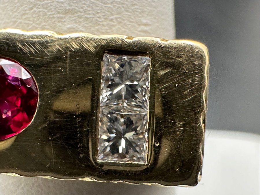 14k Gold Gentlemen's Ring With Est. 6 X 5 Natural Ruby And (2) 3 X 3 Princess Cut Natural Diamonds Est. .20cttw Size 10 11.4g Retails $4,400 [Photo 5]