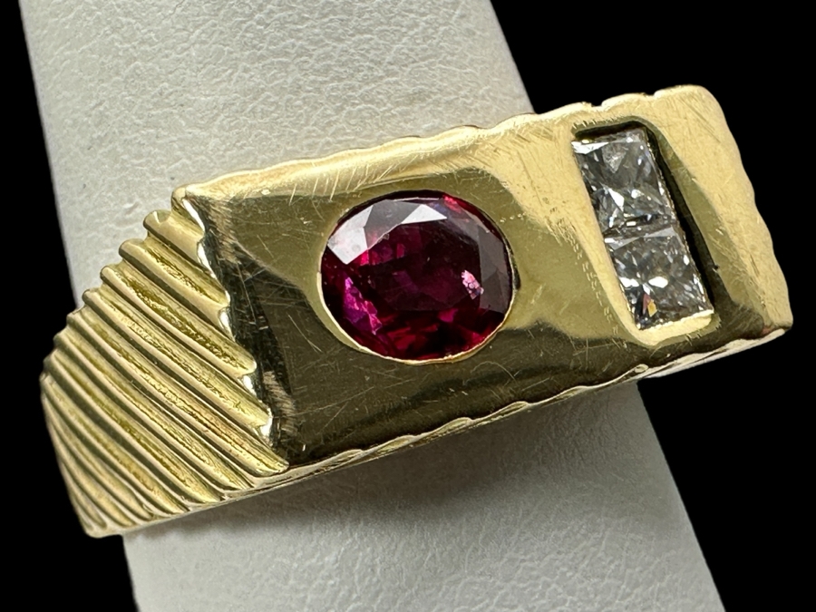 14k Gold Gentlemen's Ring With Est. 6 X 5 Natural Ruby And (2) 3 X 3 Princess Cut Natural Diamonds Est. .20cttw Size 10 11.4g Retails $4,400 [Photo 2]