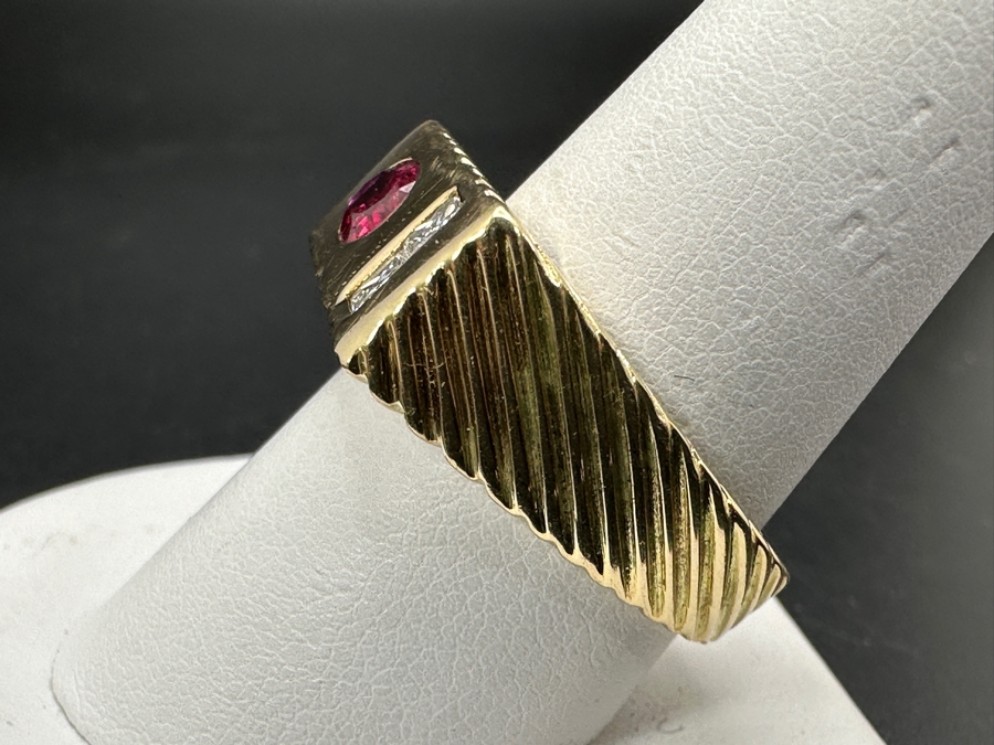 14k Gold Gentlemen's Ring With Est. 6 X 5 Natural Ruby And (2) 3 X 3 Princess Cut Natural Diamonds Est. .20cttw Size 10 11.4g Retails $4,400 [Photo 9]