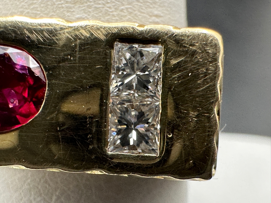14k Gold Gentlemen's Ring With Est. 6 X 5 Natural Ruby And (2) 3 X 3 Princess Cut Natural Diamonds Est. .20cttw Size 10 11.4g Retails $4,400 [Photo 4]