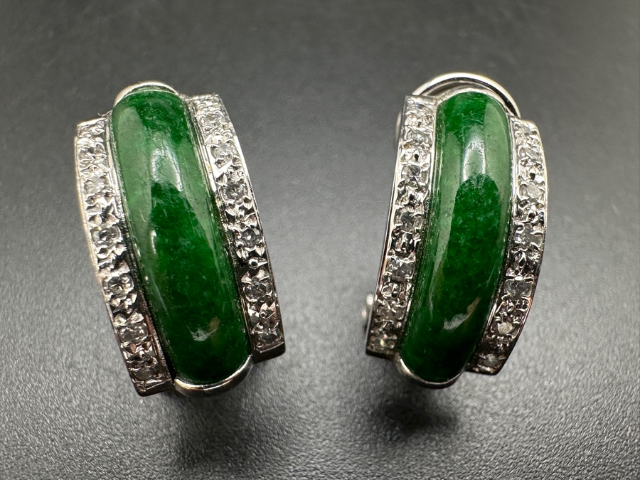 14k Gold Dyed Green Jade Earrings Set With (28) Single Cut Diamonds (Est. .30cttw) 4.4g Retails $1,500 [Photo 4]
