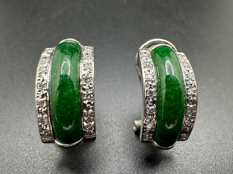 14k Gold Dyed Green Jade Earrings Set With (28) Single Cut Diamonds (Est. .30cttw) 4.4g Retails $1,500 [Photo 2]