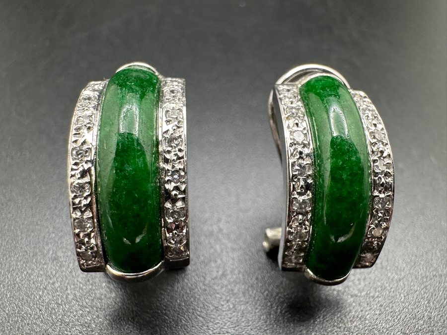 14k Gold Dyed Green Jade Earrings Set With (28) Single Cut Diamonds (Est. .30cttw) 4.4g Retails $1,500 [Photo 3]