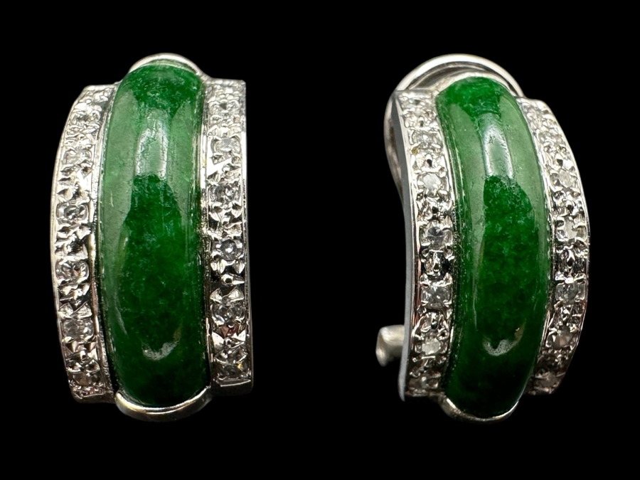 14k Gold Dyed Green Jade Earrings Set With (28) Single Cut Diamonds (Est. .30cttw) 4.4g Retails $1,500