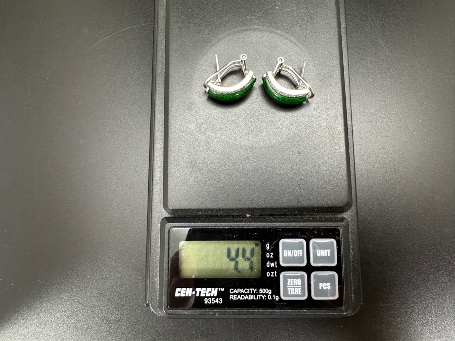 14k Gold Dyed Green Jade Earrings Set With (28) Single Cut Diamonds (Est. .30cttw) 4.4g Retails $1,500 [Photo 6]