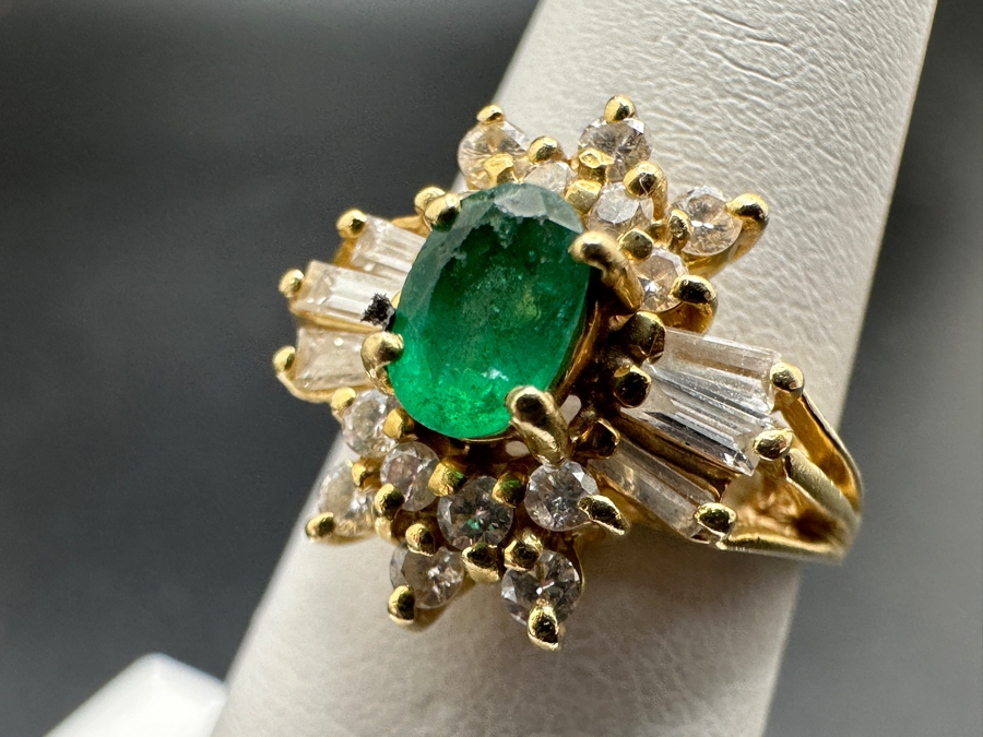 14k Gold Ring With Oval 5.8 X 3.8mm Natural Emerald Set With Diamonds: (6) 3 X 1.5 X 1mm Baguette Diamonds, (8) .02ct Diamonds & (6) .03ct Diamonds (Est. .60cttw) Size 5.75 4.0g Retails $2,200 [Photo 8]