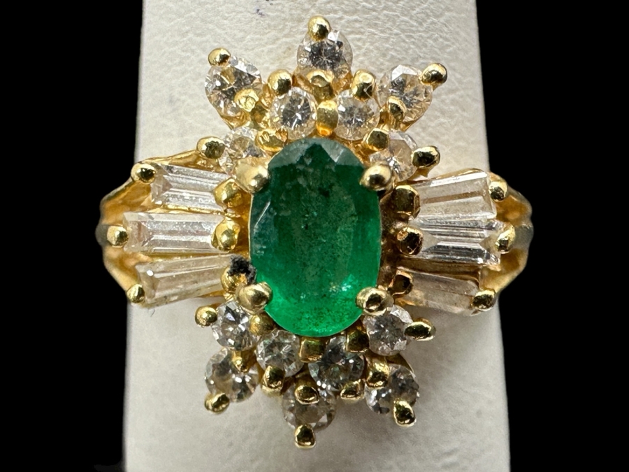 14k Gold Ring With Oval 5.8 X 3.8mm Natural Emerald Set With Diamonds: (6) 3 X 1.5 X 1mm Baguette Diamonds, (8) .02ct Diamonds & (6) .03ct Diamonds (Est. .60cttw) Size 5.75 4.0g Retails $2,200 [Photo 1]