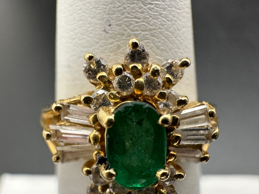 14k Gold Ring With Oval 5.8 X 3.8mm Natural Emerald Set With Diamonds: (6) 3 X 1.5 X 1mm Baguette Diamonds, (8) .02ct Diamonds & (6) .03ct Diamonds (Est. .60cttw) Size 5.75 4.0g Retails $2,200 [Photo 5]