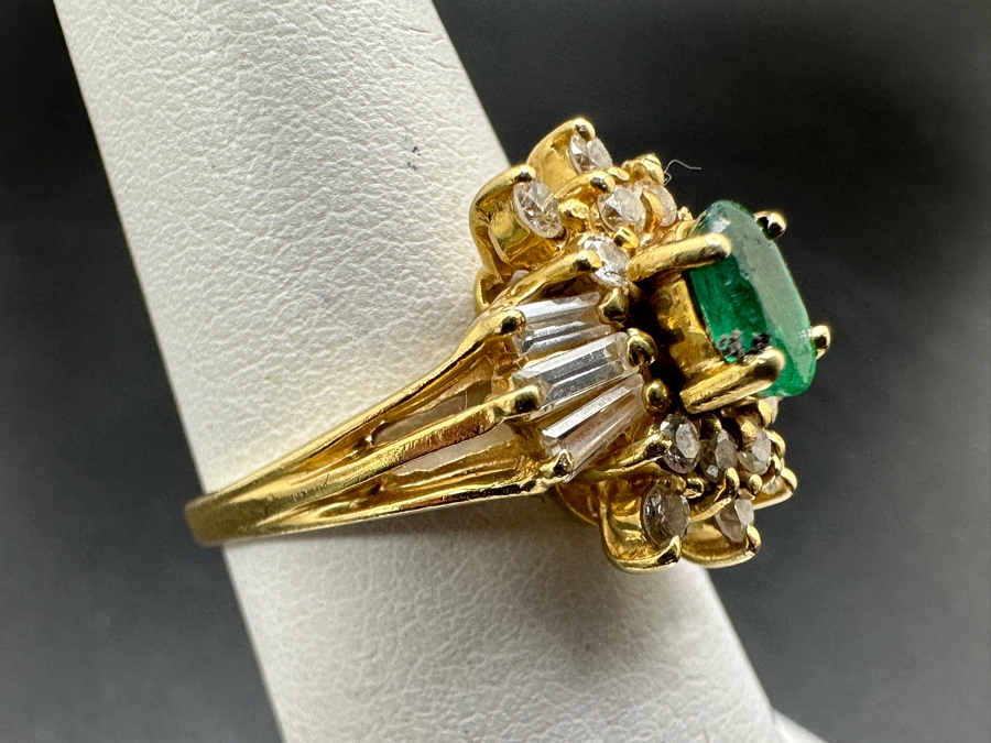 14k Gold Ring With Oval 5.8 X 3.8mm Natural Emerald Set With Diamonds: (6) 3 X 1.5 X 1mm Baguette Diamonds, (8) .02ct Diamonds & (6) .03ct Diamonds (Est. .60cttw) Size 5.75 4.0g Retails $2,200 [Photo 9]