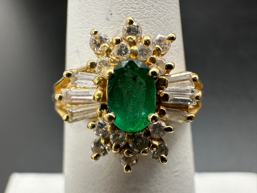 14k Gold Ring With Oval 5.8 X 3.8mm Natural Emerald Set With Diamonds: (6) 3 X 1.5 X 1mm Baguette Diamonds, (8) .02ct Diamonds & (6) .03ct Diamonds (Est. .60cttw) Size 5.75 4.0g Retails $2,200 [Photo 4]