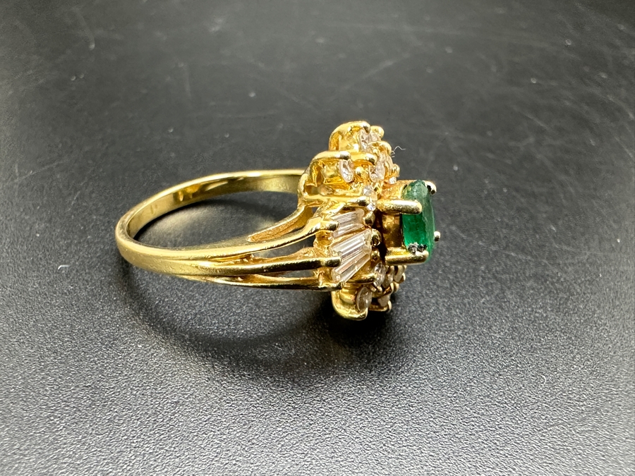 14k Gold Ring With Oval 5.8 X 3.8mm Natural Emerald Set With Diamonds: (6) 3 X 1.5 X 1mm Baguette Diamonds, (8) .02ct Diamonds & (6) .03ct Diamonds (Est. .60cttw) Size 5.75 4.0g Retails $2,200 [Photo 12]