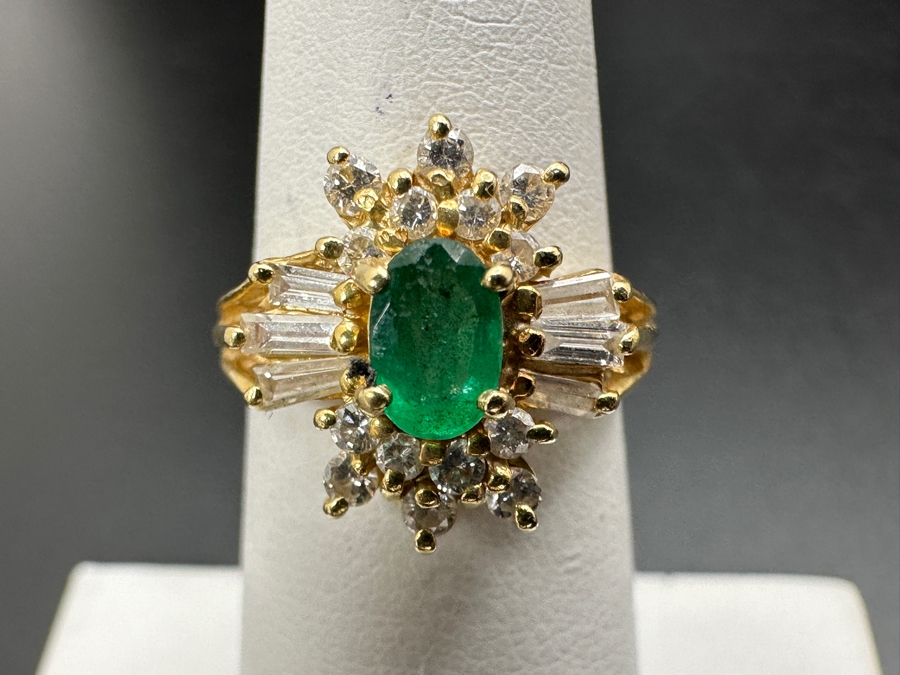 14k Gold Ring With Oval 5.8 X 3.8mm Natural Emerald Set With Diamonds: (6) 3 X 1.5 X 1mm Baguette Diamonds, (8) .02ct Diamonds & (6) .03ct Diamonds (Est. .60cttw) Size 5.75 4.0g Retails $2,200 [Photo 2]