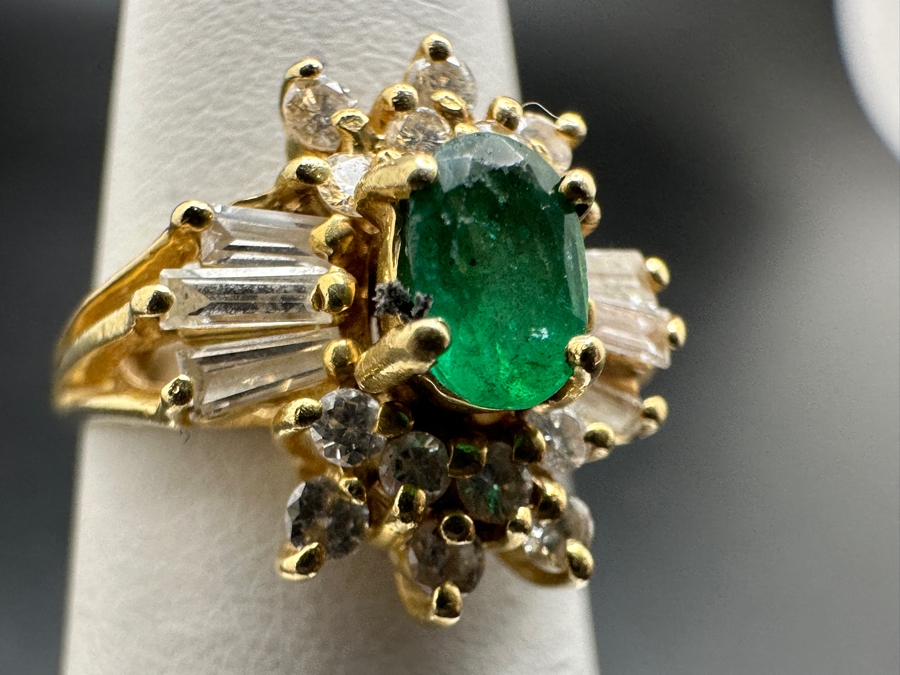 14k Gold Ring With Oval 5.8 X 3.8mm Natural Emerald Set With Diamonds: (6) 3 X 1.5 X 1mm Baguette Diamonds, (8) .02ct Diamonds & (6) .03ct Diamonds (Est. .60cttw) Size 5.75 4.0g Retails $2,200 [Photo 6]