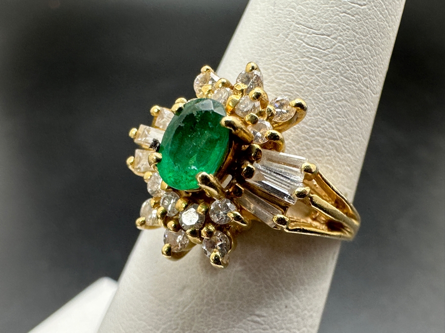 14k Gold Ring With Oval 5.8 X 3.8mm Natural Emerald Set With Diamonds: (6) 3 X 1.5 X 1mm Baguette Diamonds, (8) .02ct Diamonds & (6) .03ct Diamonds (Est. .60cttw) Size 5.75 4.0g Retails $2,200 [Photo 7]