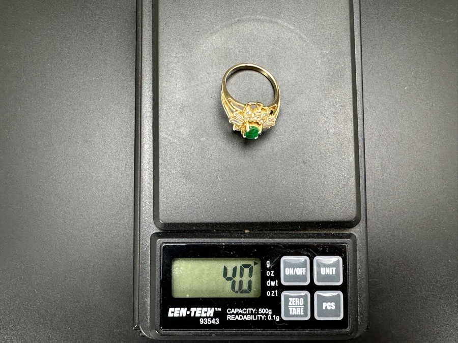 14k Gold Ring With Oval 5.8 X 3.8mm Natural Emerald Set With Diamonds: (6) 3 X 1.5 X 1mm Baguette Diamonds, (8) .02ct Diamonds & (6) .03ct Diamonds (Est. .60cttw) Size 5.75 4.0g Retails $2,200 [Photo 14]