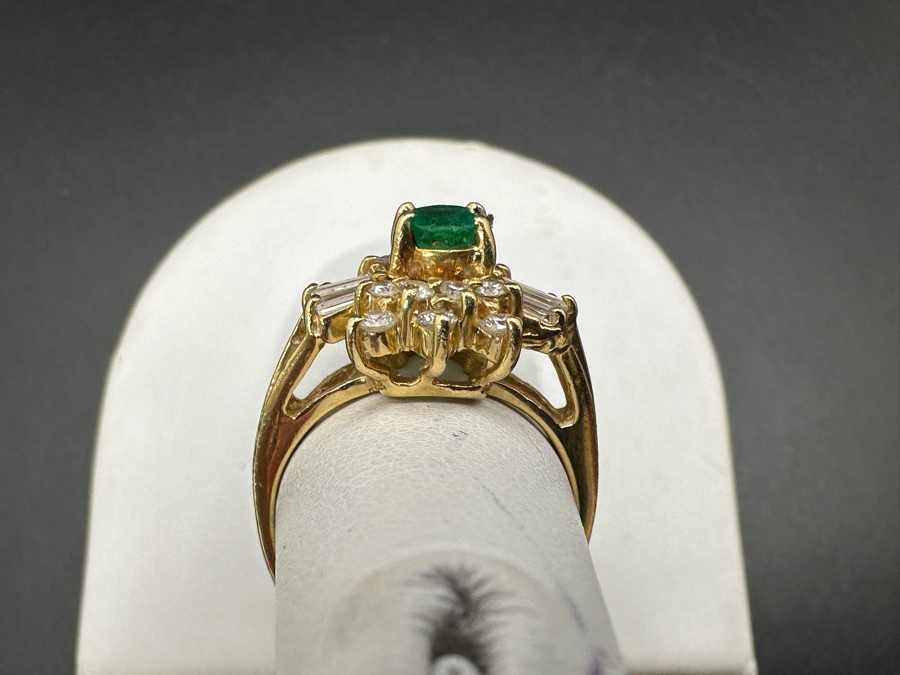 14k Gold Ring With Oval 5.8 X 3.8mm Natural Emerald Set With Diamonds: (6) 3 X 1.5 X 1mm Baguette Diamonds, (8) .02ct Diamonds & (6) .03ct Diamonds (Est. .60cttw) Size 5.75 4.0g Retails $2,200 [Photo 10]