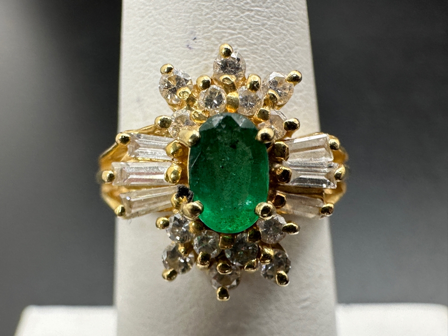 14k Gold Ring With Oval 5.8 X 3.8mm Natural Emerald Set With Diamonds: (6) 3 X 1.5 X 1mm Baguette Diamonds, (8) .02ct Diamonds & (6) .03ct Diamonds (Est. .60cttw) Size 5.75 4.0g Retails $2,200 [Photo 3]