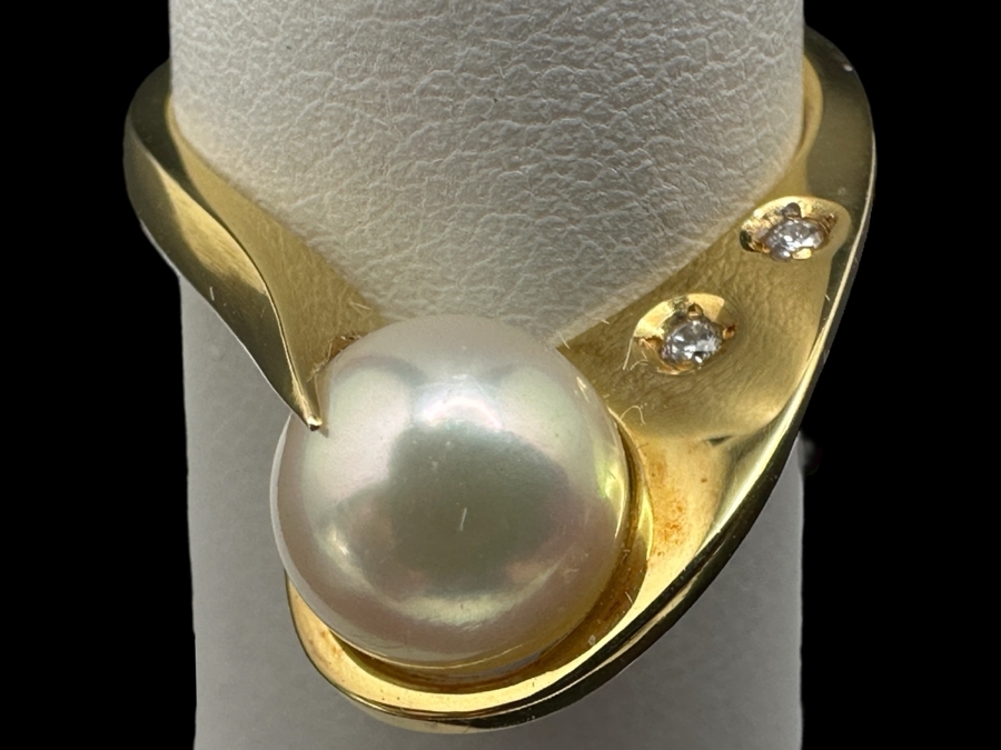 18k Gold 7.5mm Pearl Ring Set With (3) .01ct (.03cttw) Natural Diamonds Size 7 5.5g Retails $2,000 [Photo 1]