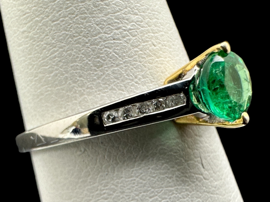 14k Gold Ring With 4.8mm Natural Emerald And (10) .005ct (Est. .05cttw) Natural Diamonds Size 7.5 2g Retails $1,600 [Photo 1]