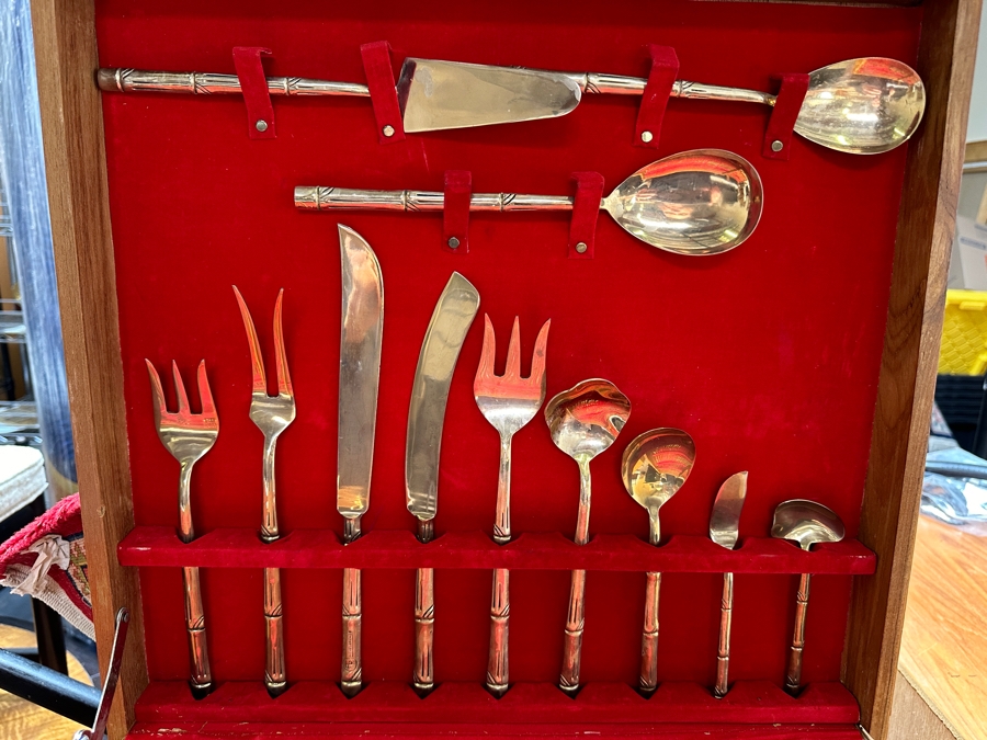 Large Collection Of Cased Nickel Bronze RR Flatware Set With Bamboo Motif Service For 12 From Thailand 18W X 17D X 4.25H [Photo 3]