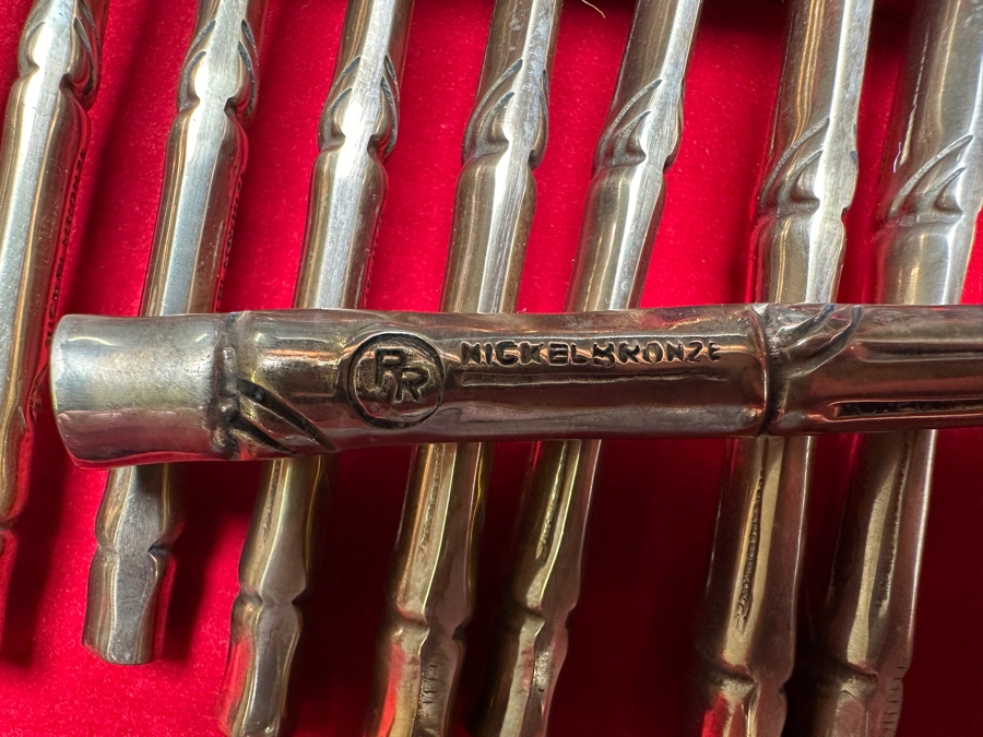 Large Collection Of Cased Nickel Bronze RR Flatware Set With Bamboo Motif Service For 12 From Thailand 18W X 17D X 4.25H [Photo 5]