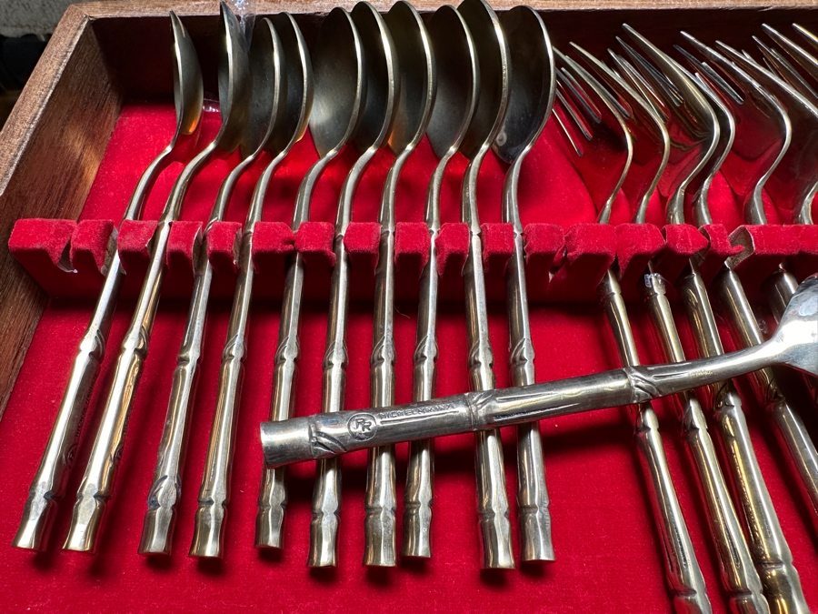 Large Collection Of Cased Nickel Bronze RR Flatware Set With Bamboo Motif Service For 12 From Thailand 18W X 17D X 4.25H [Photo 7]