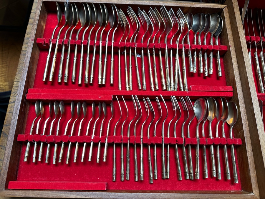 Large Collection Of Cased Nickel Bronze RR Flatware Set With Bamboo Motif Service For 12 From Thailand 18W X 17D X 4.25H [Photo 4]