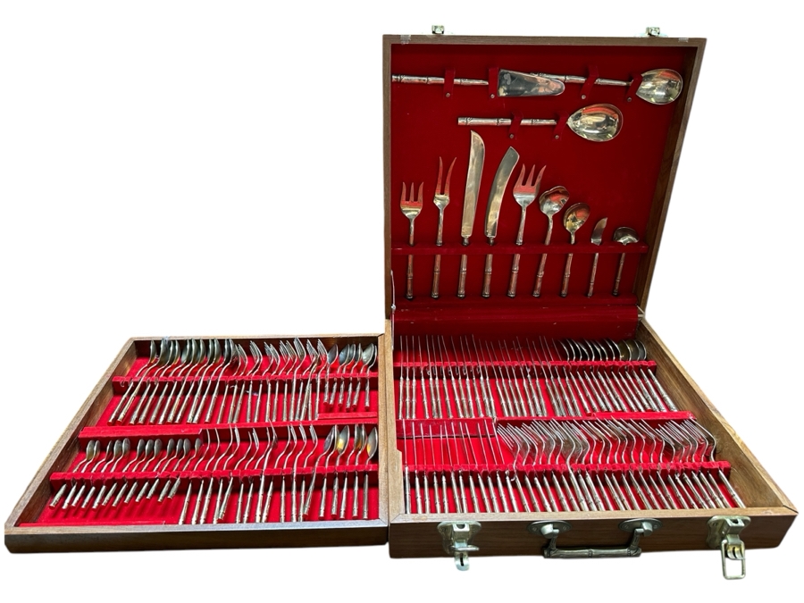 Large Collection Of Cased Nickel Bronze RR Flatware Set With Bamboo Motif Service For 12 From Thailand 18W X 17D X 4.25H [Photo 1]