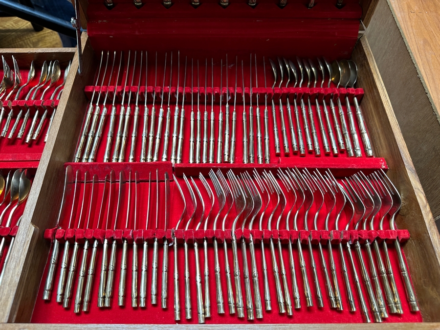 Large Collection Of Cased Nickel Bronze RR Flatware Set With Bamboo Motif Service For 12 From Thailand 18W X 17D X 4.25H [Photo 2]