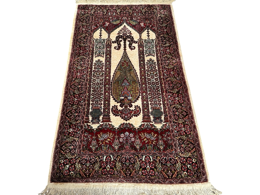 Stunning Hand Knotted Silk Persian Kashmir Prayer Rug Signed 36 X 64 [Photo 1]