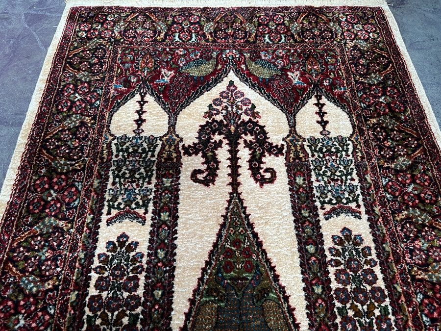 Stunning Hand Knotted Silk Persian Kashmir Prayer Rug Signed 36 X 64 [Photo 10]